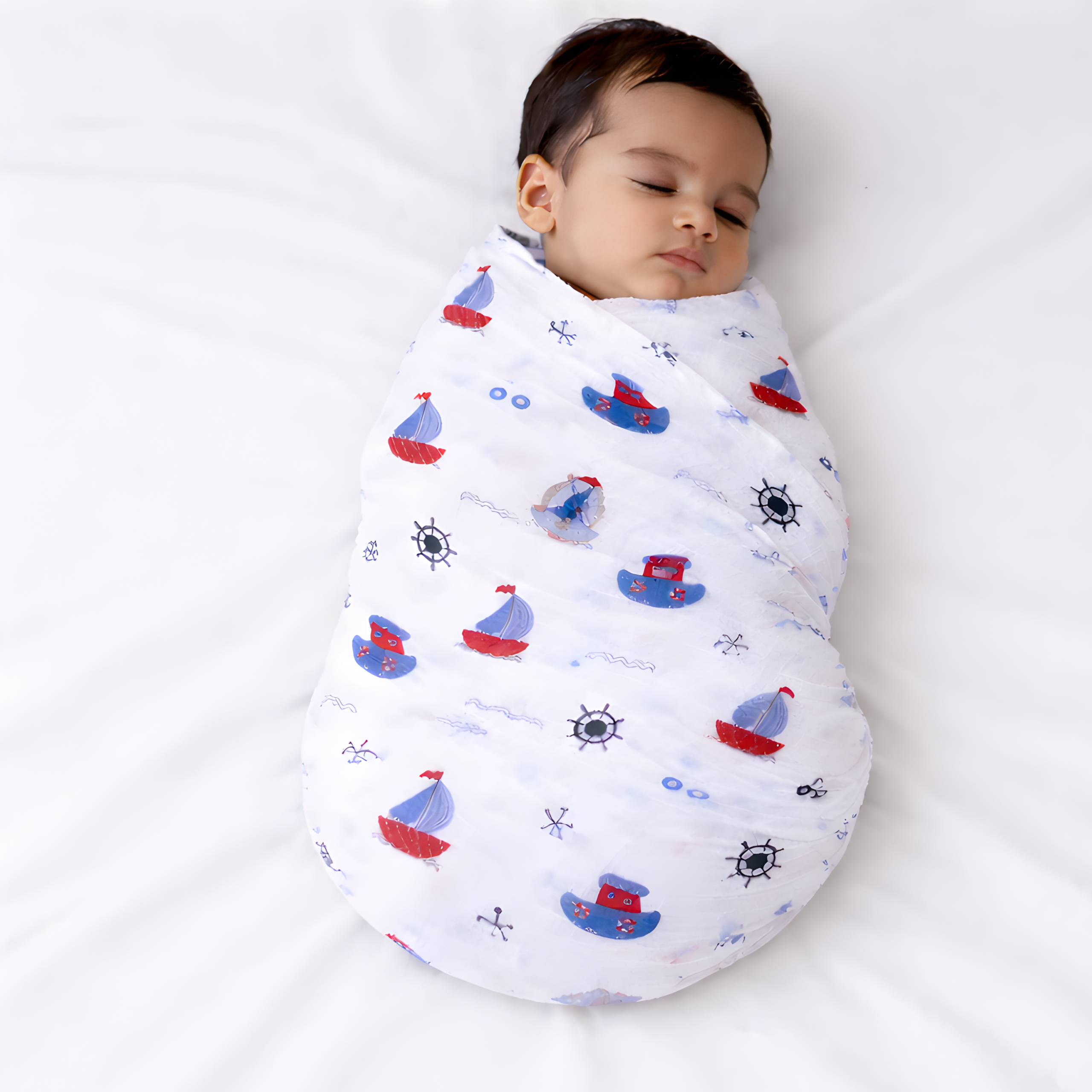 Muslin Baby Swaddle  |  100% Natural Cotton | (2× Bigger) | Nautical Boat