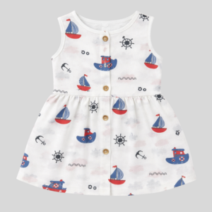 Baby Girl Muslin Button Frock | 100% Natural Cotton | Nautical Boat