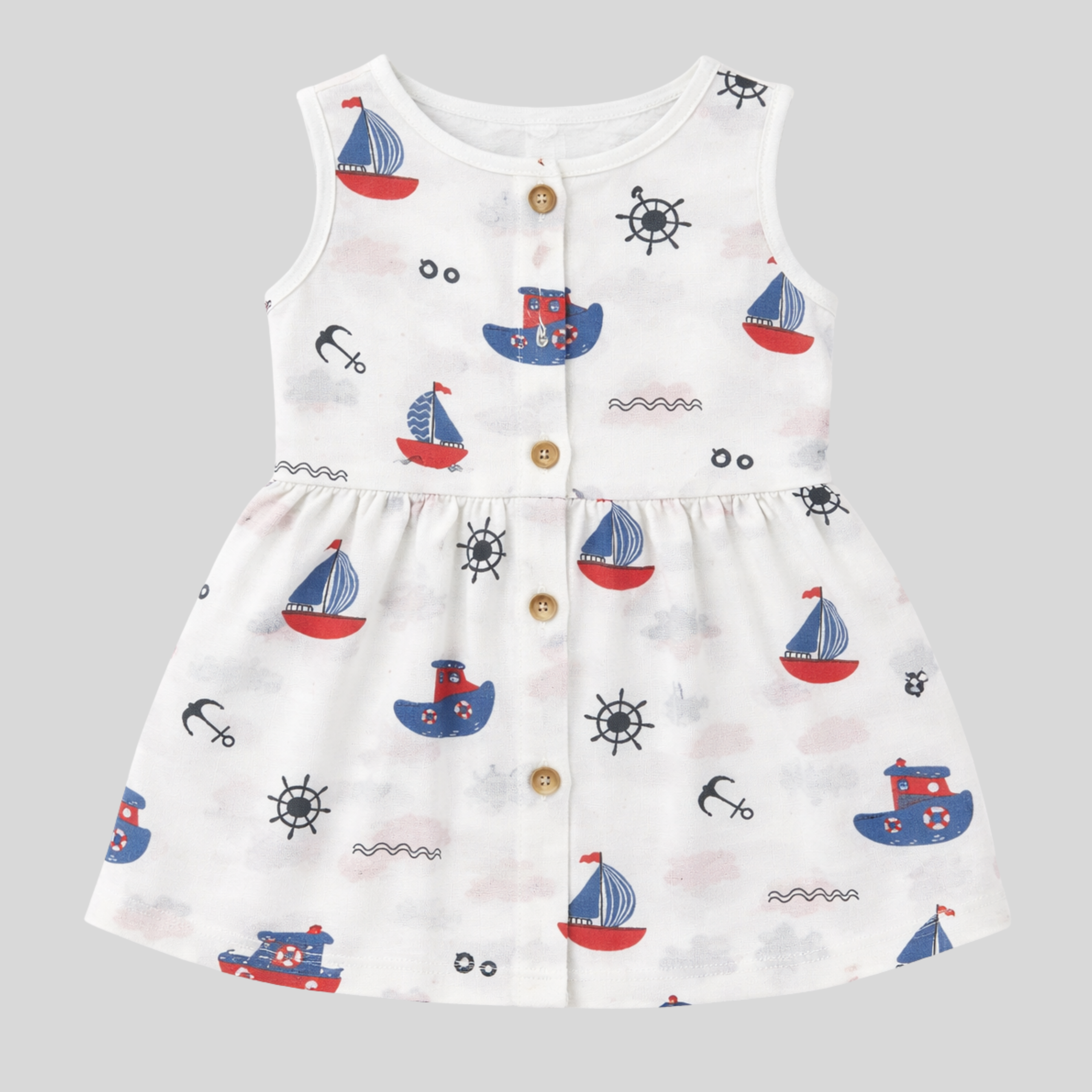 Baby Girl Muslin Button Frock | 100% Natural Cotton | Nautical Boat