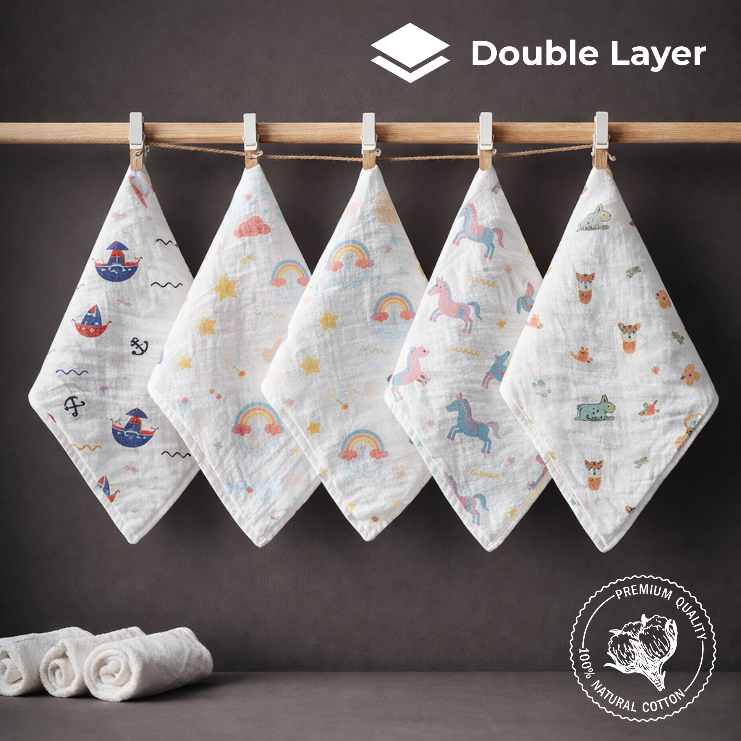 Muslin Baby Face Towels - Double Layer | 100% Natural Cotton | Soft & Gentle Baby Essentials